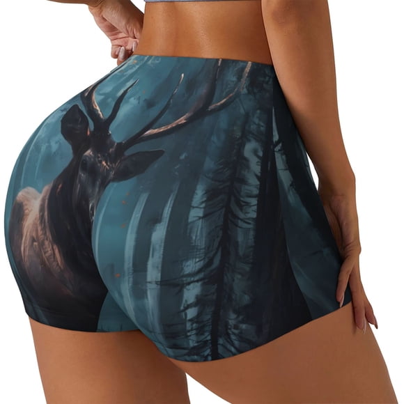 Saiise Mystical Forest Elk Print Workout Shorts for Women Seamless Soft Smooth Gym Yoga Scrunch Active Shorts-Medium