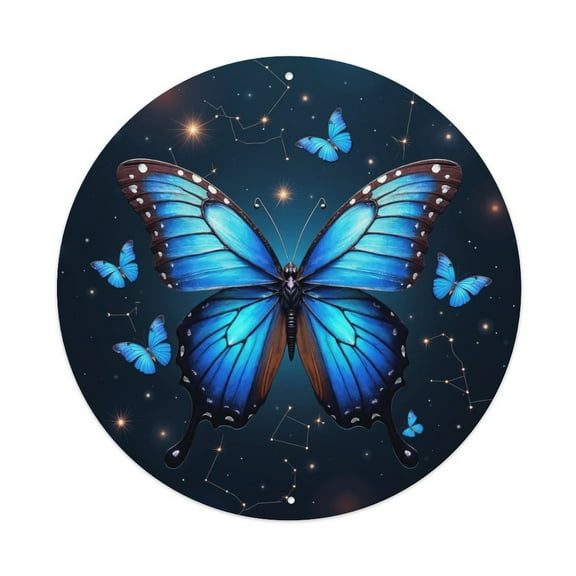 Vintage Wall Decor Blue Butterflies Wall Plaque Sign Round Metal Tin Sign Round Welcome Door Hanging, Suitable for Home Garden Kitchen Bar Cafe Restaurant Garage Wall Decor 8x8 Inch