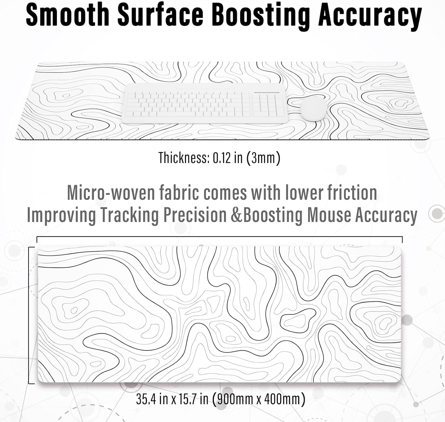 Large Gaming Mouse Pad with Stitched Edges, Minimalist Topographic Map Desk Mat, Extended XL Mousepad with Anti-Slip Base, Cool Desk Pad for Keyboard and Mouse, 35.4 x 15.7 in, White