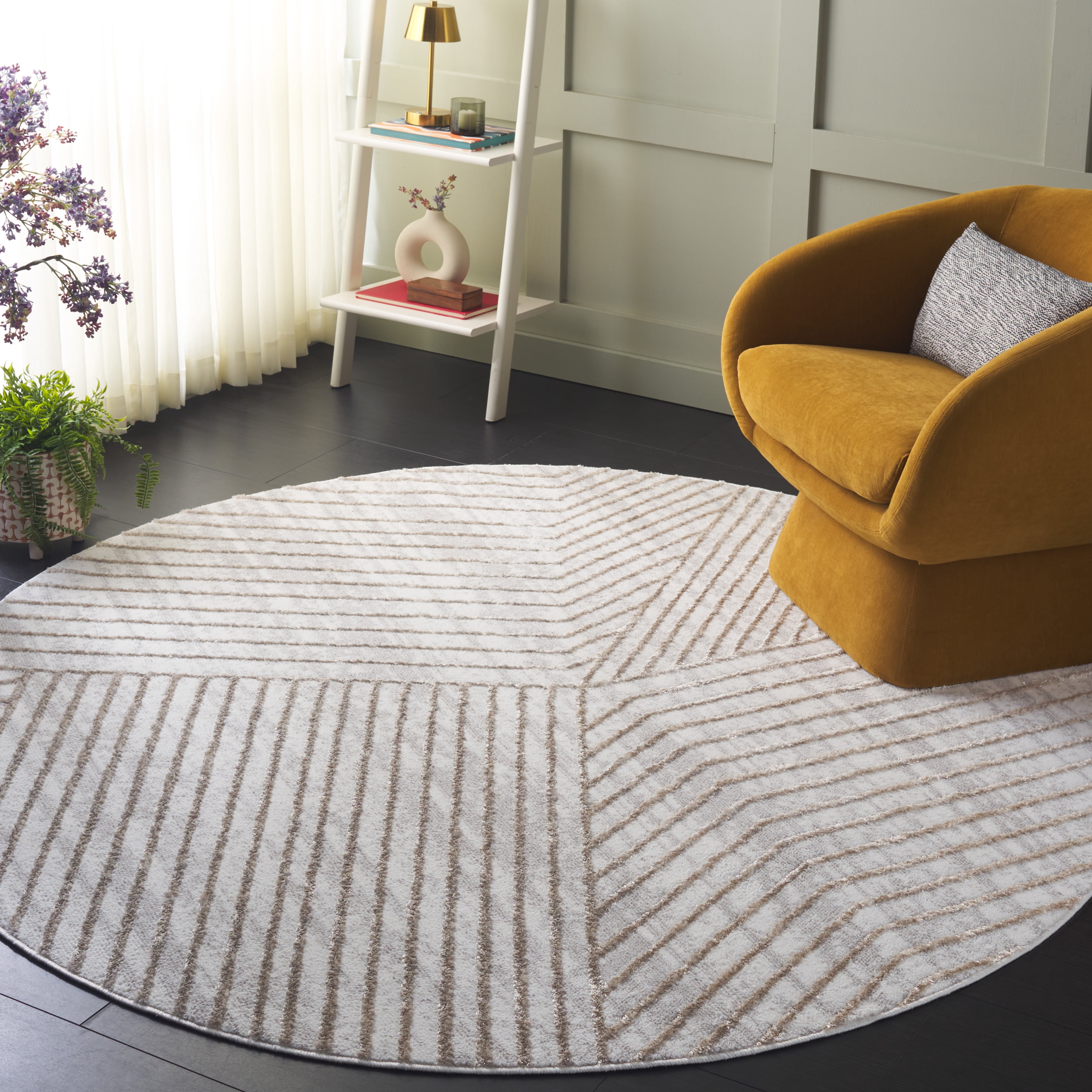 SAFAVIEH Maya Sheldon Geometric Striped Area Rug, Ivory/Beige, 6'7" x 6'7" Round