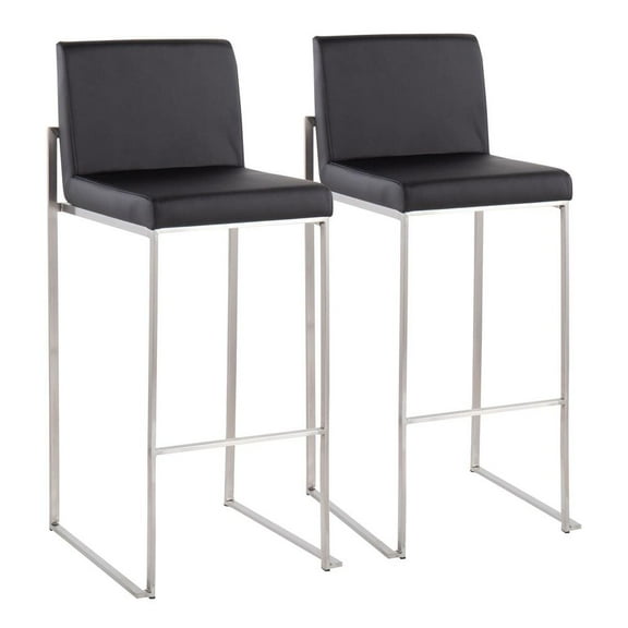 LumiSource Stainless Steel, Black PU Fuji High Back Barstool - Set of 2