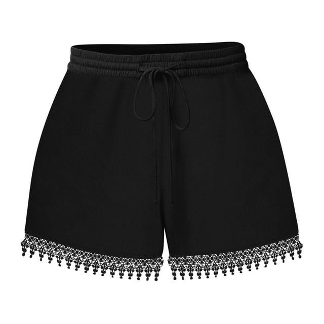 FAIWAD Women‘s Lace Trim Shorts Elastic Waist Short Pants with Pockets Drawstring Sports Solid Color Shorts