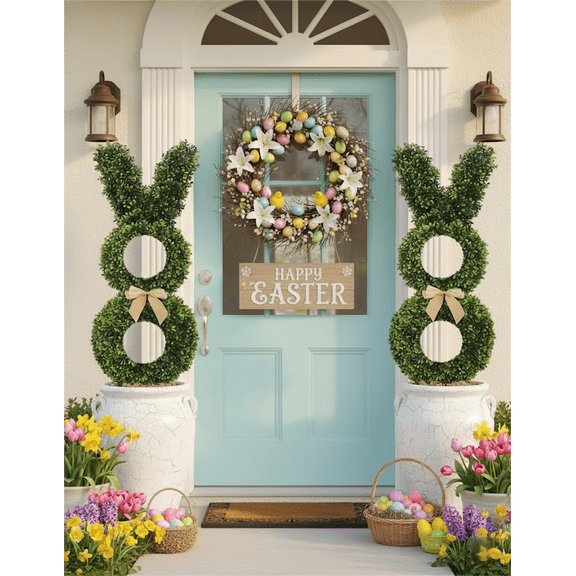 Guvpev 2Pcs Easter Topiary Trees with Bunny Topiary Outdoor, 36" Artificial Bunny-Shaped Topiary Tree Pot Fake Easter Plant Faux Boxwood Topiary Plants for Indoor & Outdoor Spring Decor