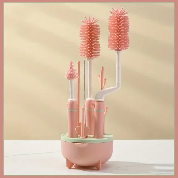 Portable 6 in 1 Baby Bottle Cleaner Set with Drying Rack, 2 Silicone Baby Bottle Brushes,Straw Brush, Nipple Brush & Storage Box