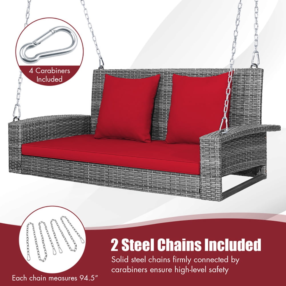 Aimee Lii 2-Person Patio PE Wicker Hanging Porch Swing Bench Chair Cushion 800 Pounds, Outdoor Patio Furniture, Red