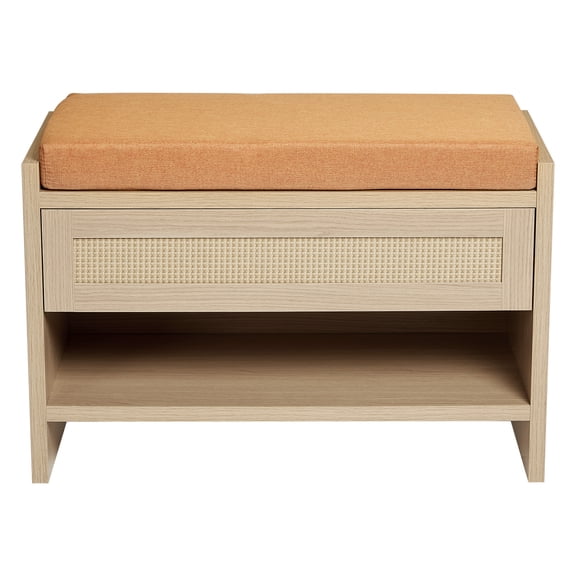 31 Inch Farmhouse Shoe Bench, Rattan Accent Entryway Bench with Storage Drawer, Open Shelf and Soft Linen Seat Cushion