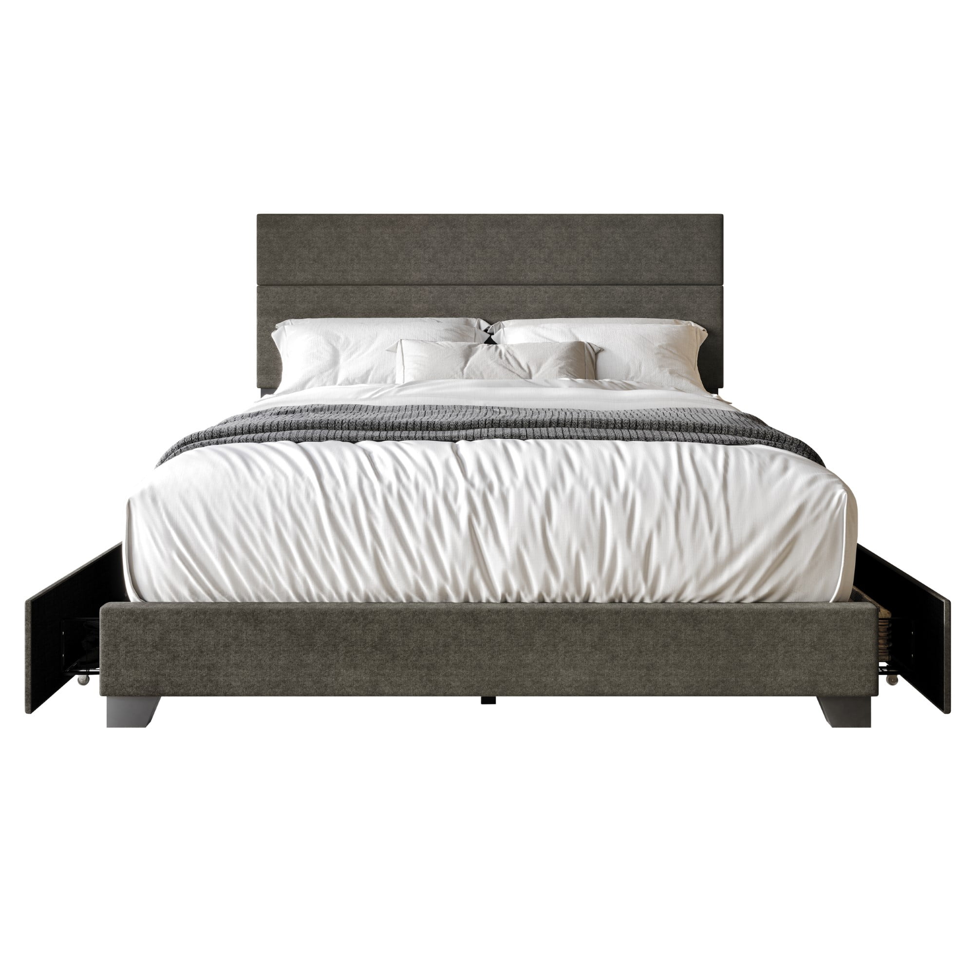 Home Design Kapaa Queen Upholstered Storage Platform Bed Frame with Horizontal Channel-Tufting and Side Drawers, Gray, Easy Assembly