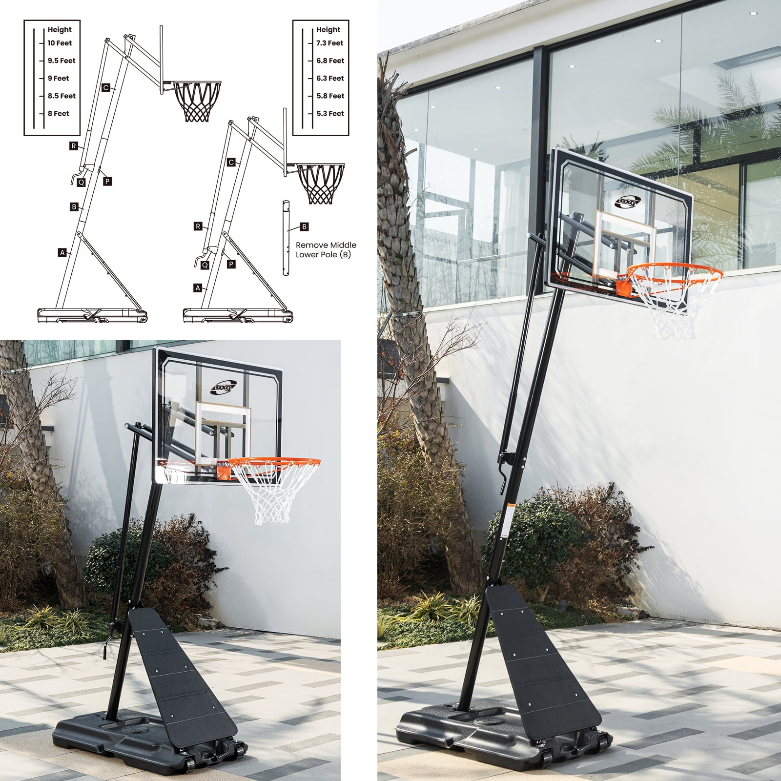 Basketball Hoop Outdoor Portable 44/48 Inch Backboard, 10ft Adjustable Basketball Goal System with Wheels for Court/Backyard/Driveway