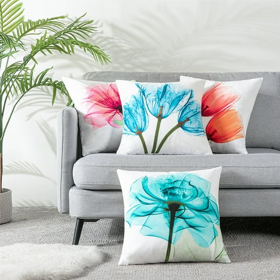 Topfinel Block Print Pillow Covers 18x18 Set of 4 Flower Leaves Outdoor Decorative Throw Pillows Farmhouse Pillowcases Flannel Cushion Case Decor for Home Sofa Couch Bed