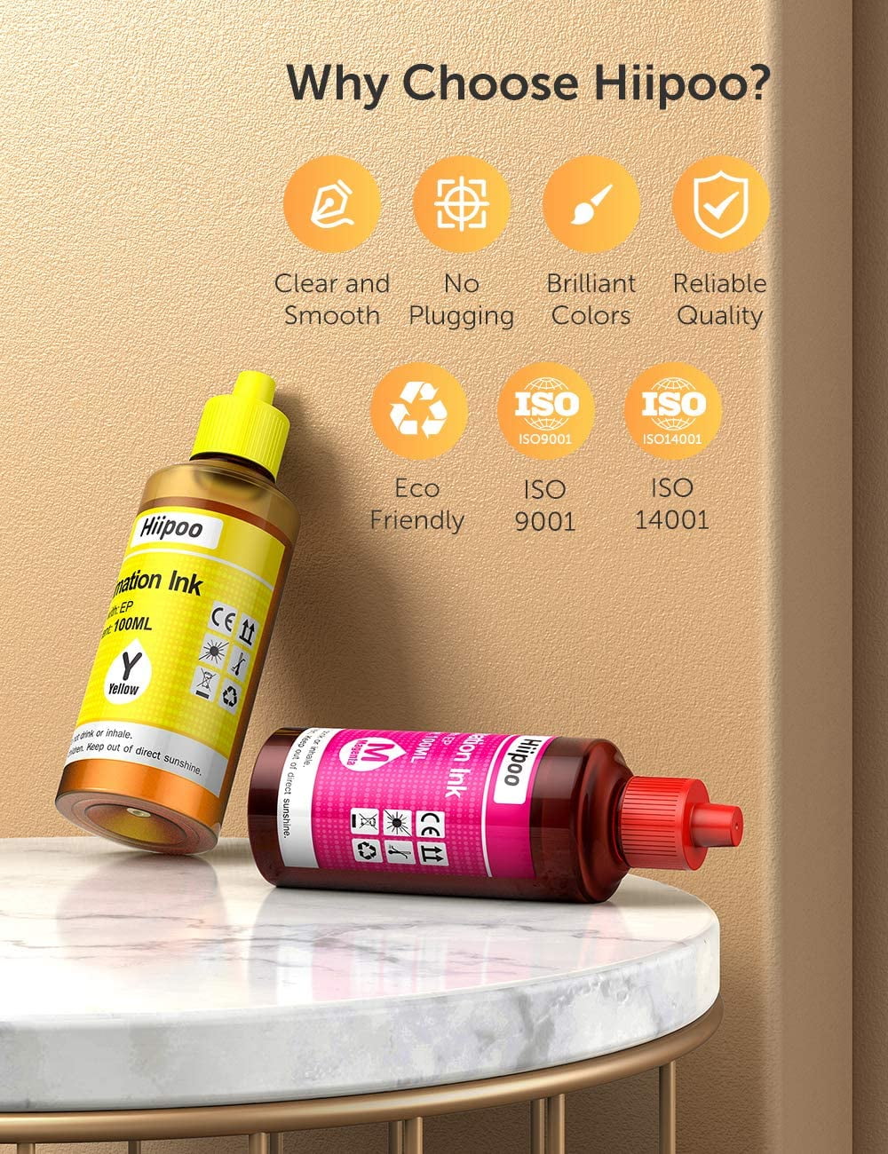 Hiipoo Sublimation Ink Compatible with EcoTank Printers, Refill Ink Work with ET2760, ET2800, WF7710, ET2720, ET15000, C88, ET2803, Heat Transfer on T-Shirts, Mugs, Plates, DIY Gifts, Vibrant & Smudg