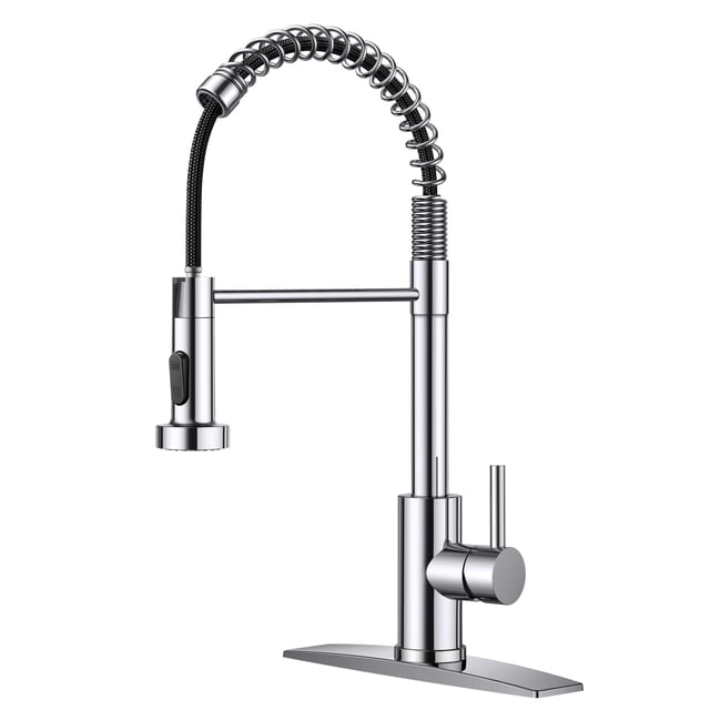 FORIOUS Grifo de cocina cromado para fregadero de cocina con rociador extraíble, grifo de fregadero de cocina de resorte comercial, grifo de fregadero de acero inoxidable de una sola manija de arco al