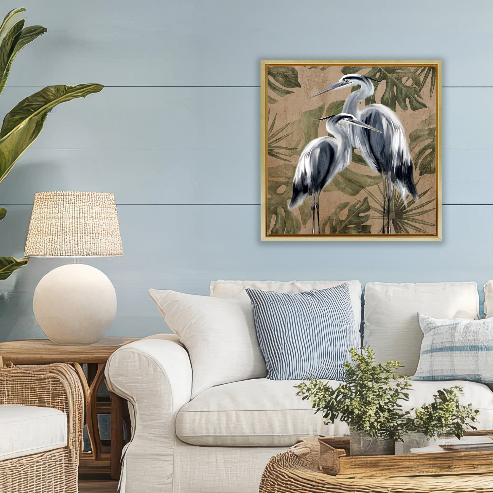 Stupell Industries Two Herons over Tropical Leaves Gold Framed Floater Canvas Wall Art, design by Kim Allen