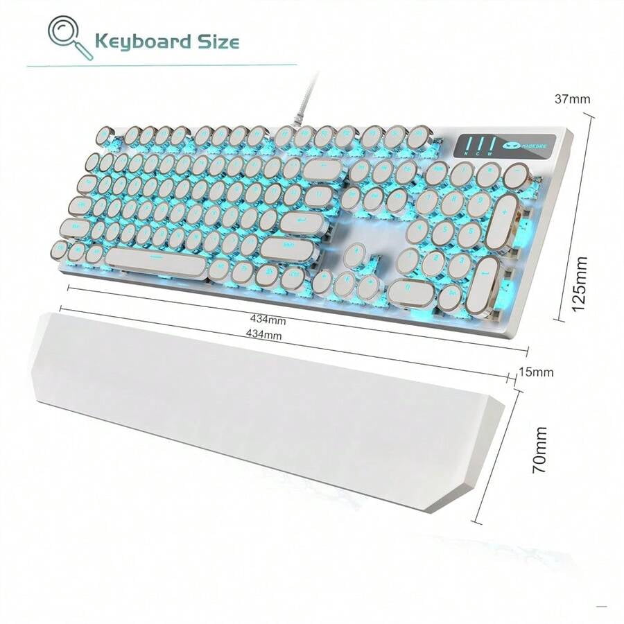 XX Typewriter Mechanical Gaming Keyboard, Retro Black Punk Round Keycaps RGB Rainbow Backlit Wired Keyboards For Laptop PC Gamer, With Magnetic Wrist Rest - Blue Switch
