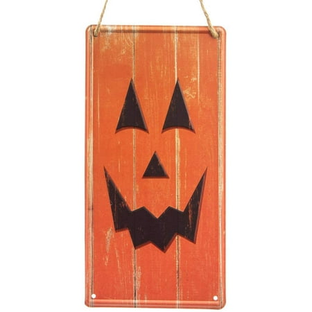 Halloween Jack-O-Lantern Face Tin Sign - 6" x 12", Orange Smiling Pumpkin Party, Halloween Decor, Wreath