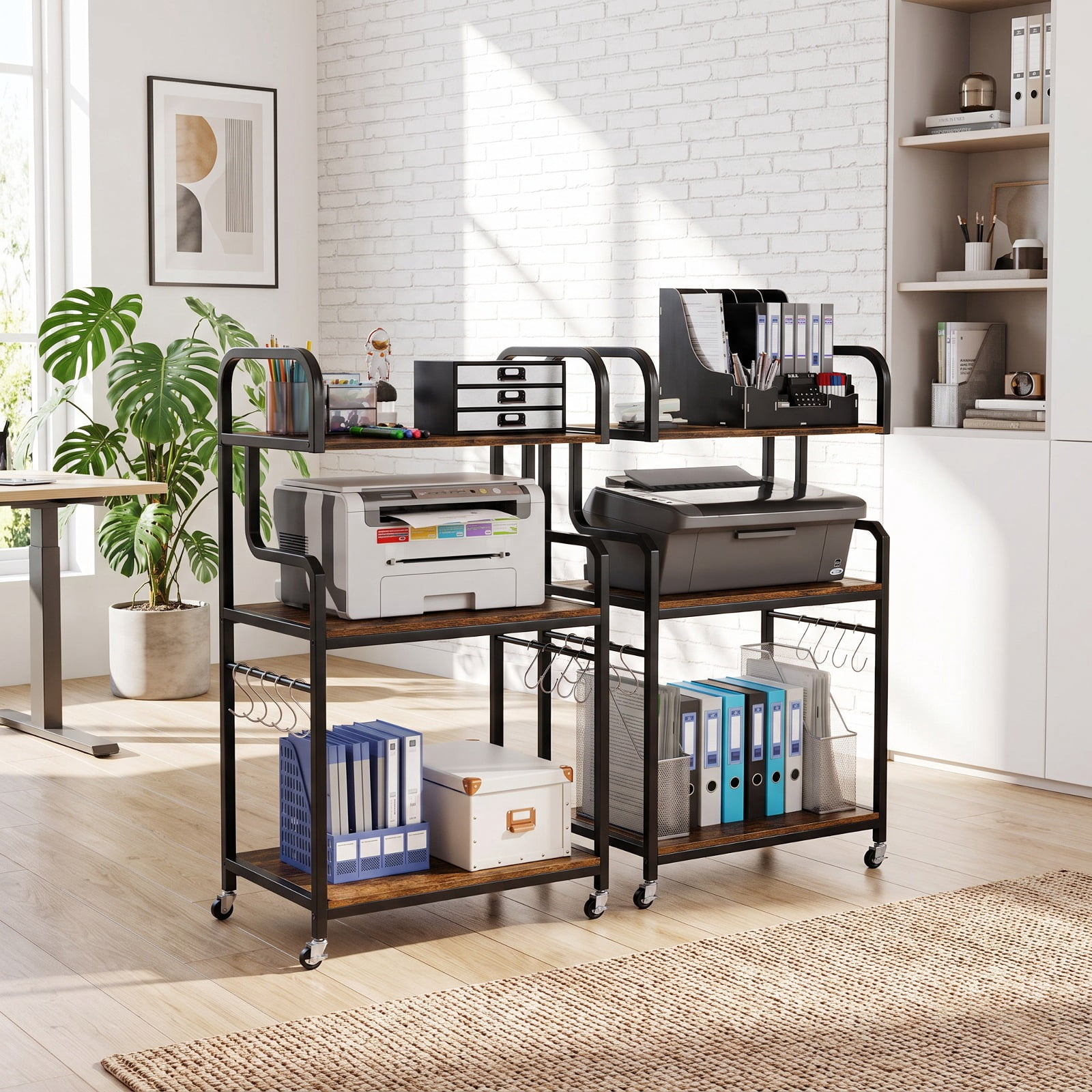 Furnibear 3-Tier Rolling Printer Stand Home Office Large Printer Cart with Storage Shelves for Home Office Printer Machine Under Desk, Rustic Brown