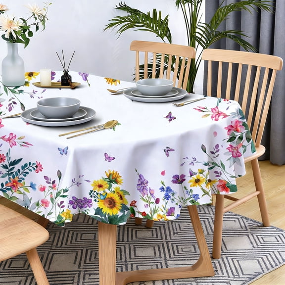 Spring Floral Oval Tablecloth 60x84in, Watercolor Waterproof Table Cover for Kitchen Dining Decor