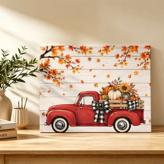 Thanksgiving Red Truck Canvas Wall Art, Fall Country Red Maple Leaf Pumpkin Wood Grain Wall Art Prints Artwork Framed Canvas Ready to Hang Art Pictures for Bathroom Bedroom Entry Desk Corner 10" x 8"