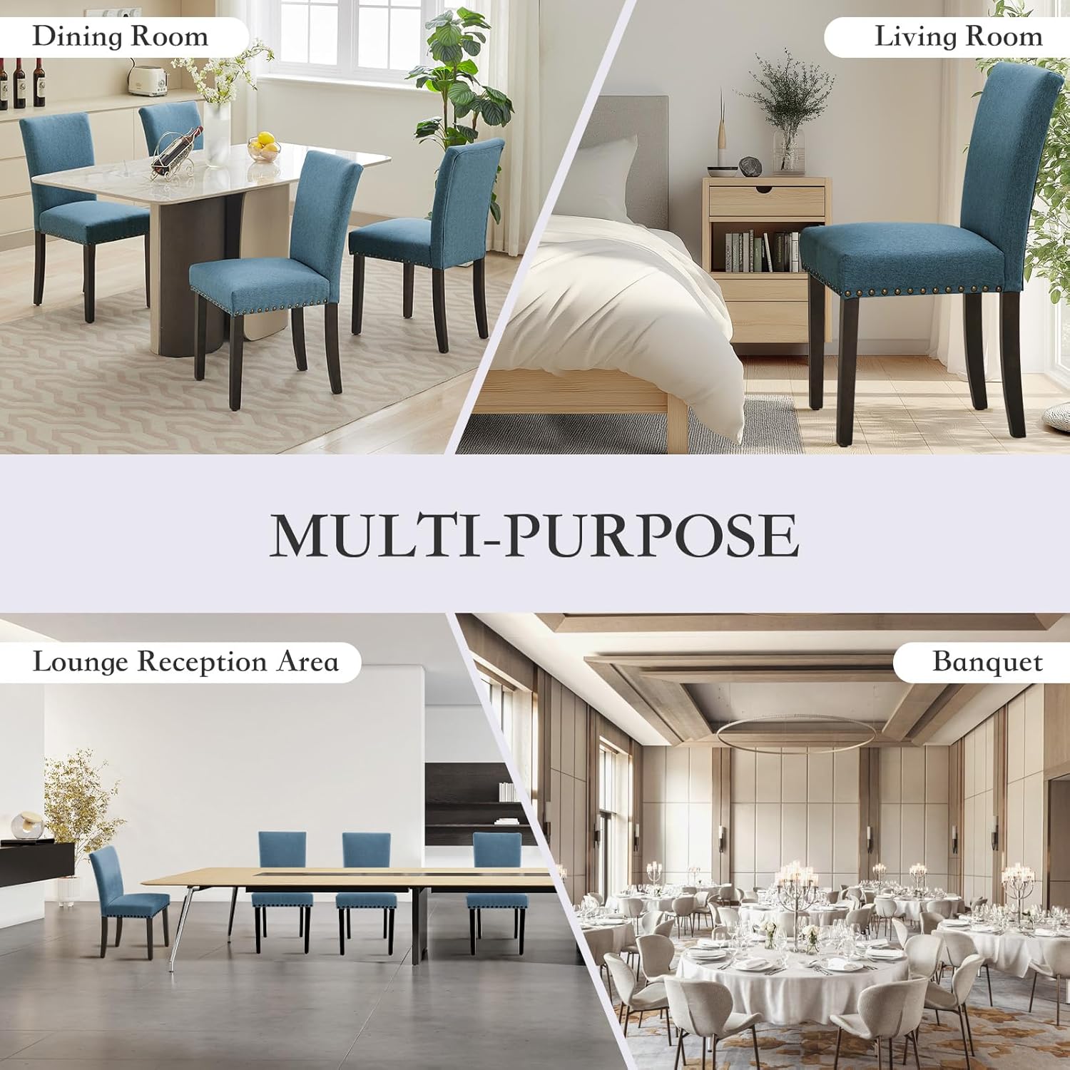 Dining Chairs Set of 2 Upholstered Parsons Diner Room Chair Sets Fabric Kitchen Chairs with Nailhead Trim/Sturdy Wood Legs and Padded Cushion Accent Chair Modern Living Room Chairs, Navy Blue