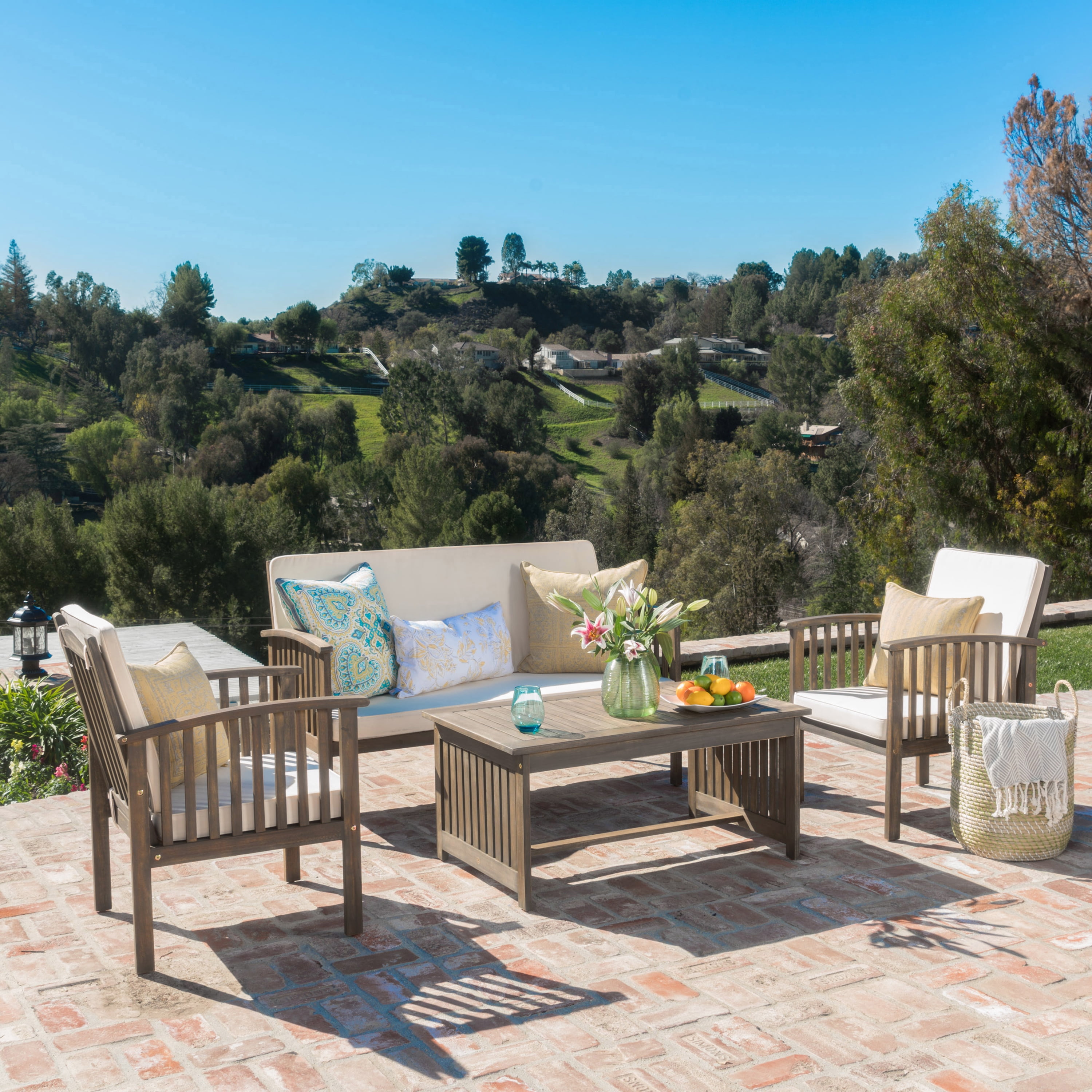 Outdoor 4 Piece Conversation Furniture Set, Acacia Wood Combined Leisure Seats for Patio Garden, Gray