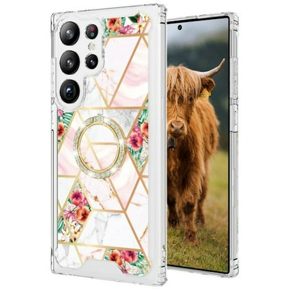 Shockproof Tough Snap-on Case with Ring Grip for Samsung Galaxy S23 Ultra - Marble Pink