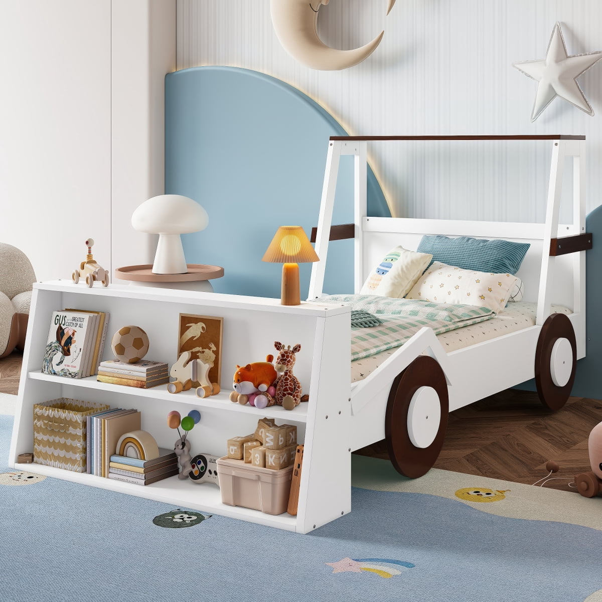 Luckynote Twin Car Bed, Platform Design with Storage Shelves, Themed Race Car Shape for Themed Rooms, Brown & White