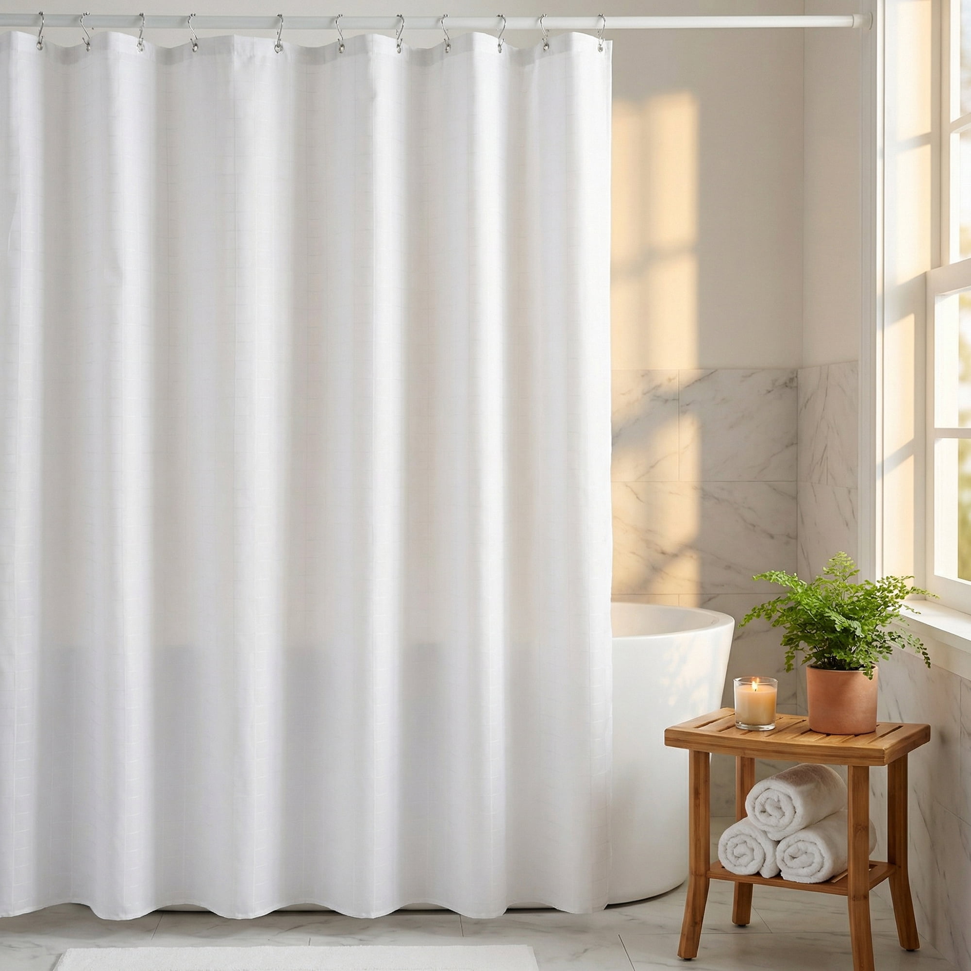 Unique Bargains Plaid Textured Shower Curtain Sets with 12 Hooks White 71"W x 71"L