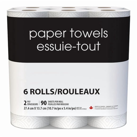 Essuie-tout Noir et Blanc 6 Rouleaux Doubles 90 Feuilles 2 Épaisseurs