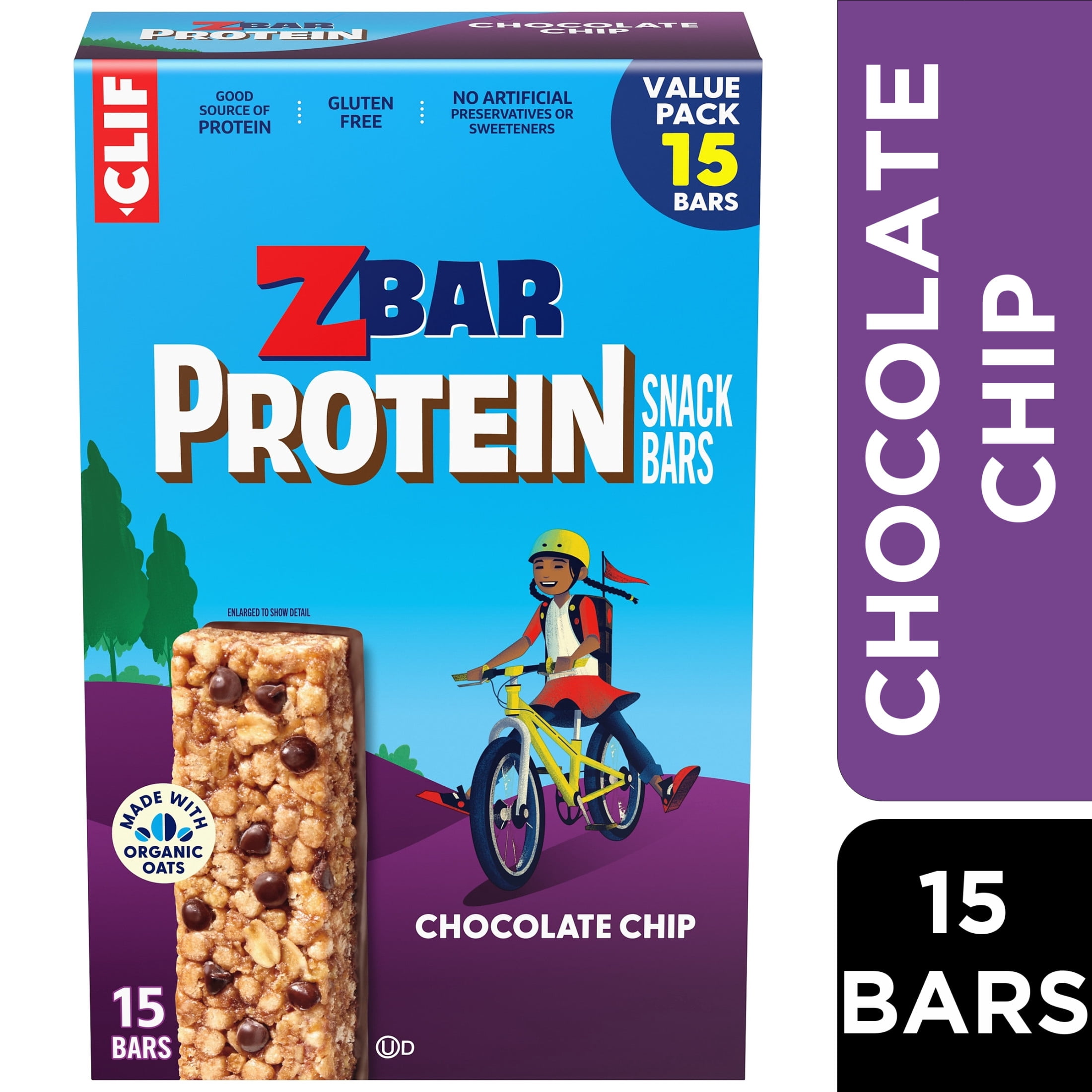 Zbar Protein Chocolate Chip Flavor Snack Bars, Gluten Free Protein Bars, Snacks for Kids, 15 count