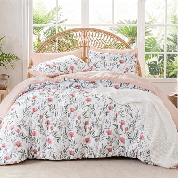 Exclusivo Mezcla Floral Queen Comforter Set, 3 Pieces Queen Size Lightweight Bedding Comforters, Pink Botanical Flowers Pattern