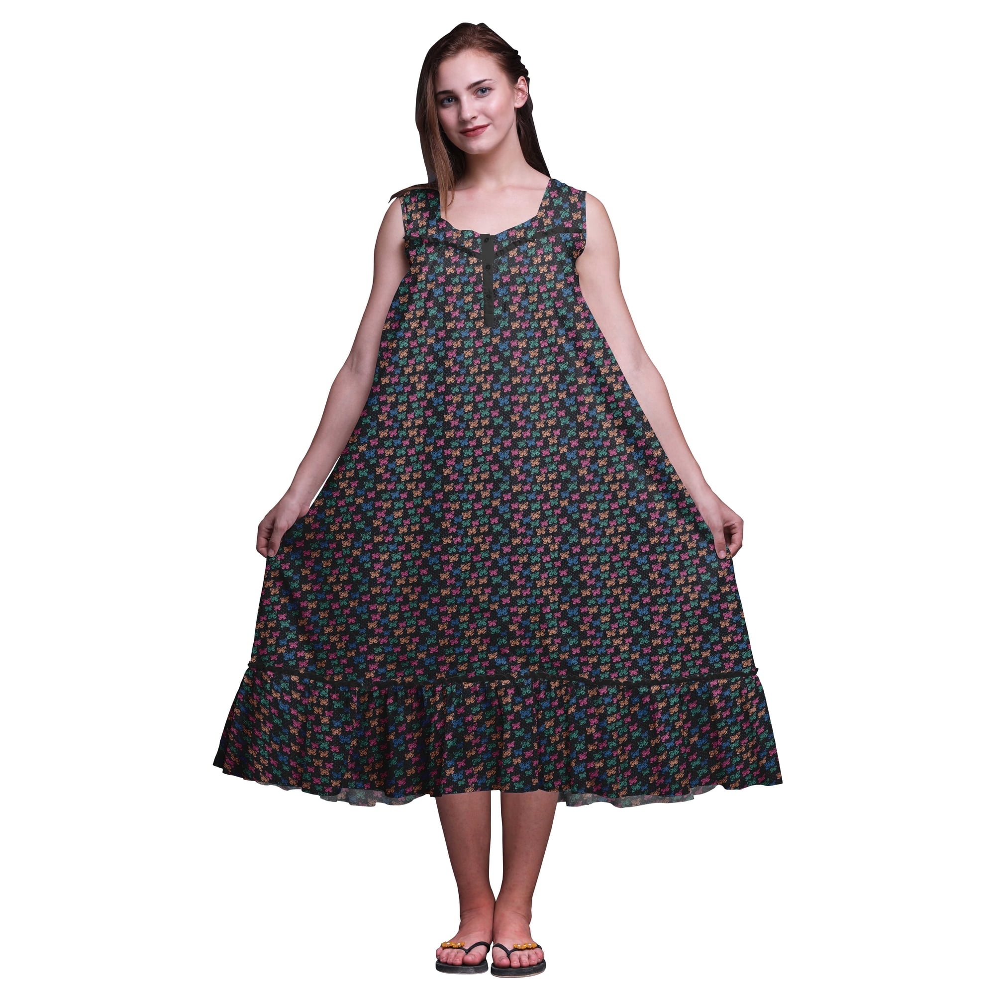Bimba Black Butterfly Dot & Sleeveless Cotton Nightgowns For Women Printed Mid-Calf Length Sleepwear Medium