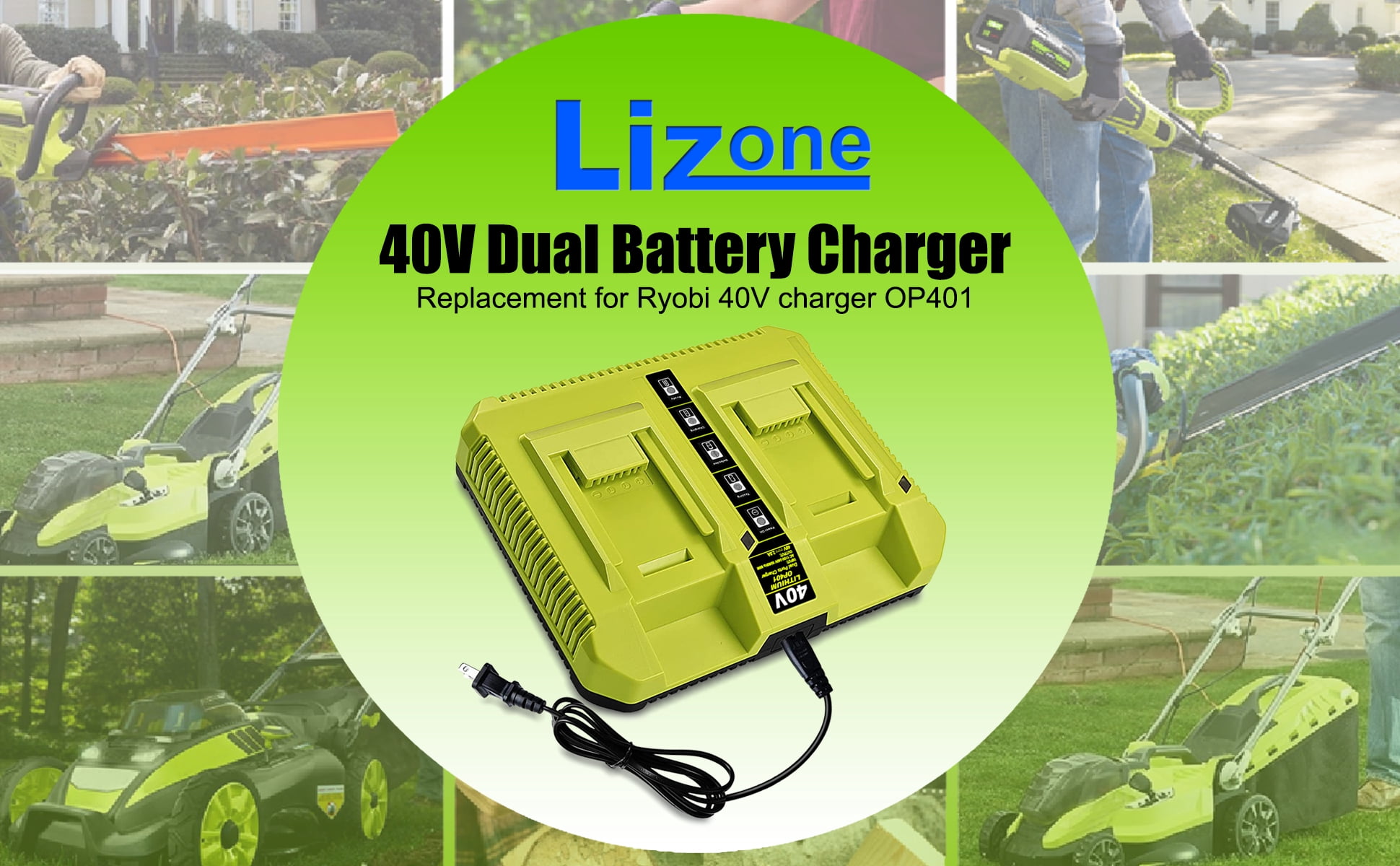 40V Dual Battery Charger Replacement for Ryobi 40V Rapid Charger OP401 OP403 OP404 OP406 OP407A OP40601 6Ah OP40602 4Ah OP4040 5Ah OP4050 Battery Fast Charger Ryobi 40 Volt 40V Dual Charger OP401