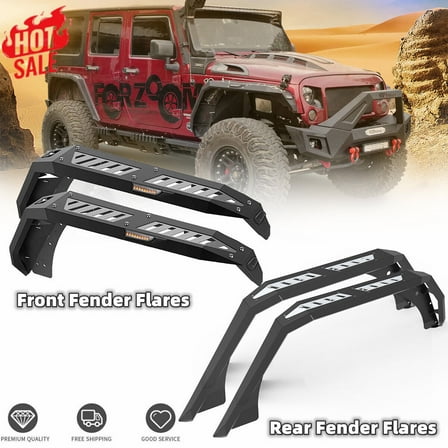 Steel 4PCS Front & Rear Fender Flares For 2007-2018 Jeep Wrangler JK JKU w/LED Lights