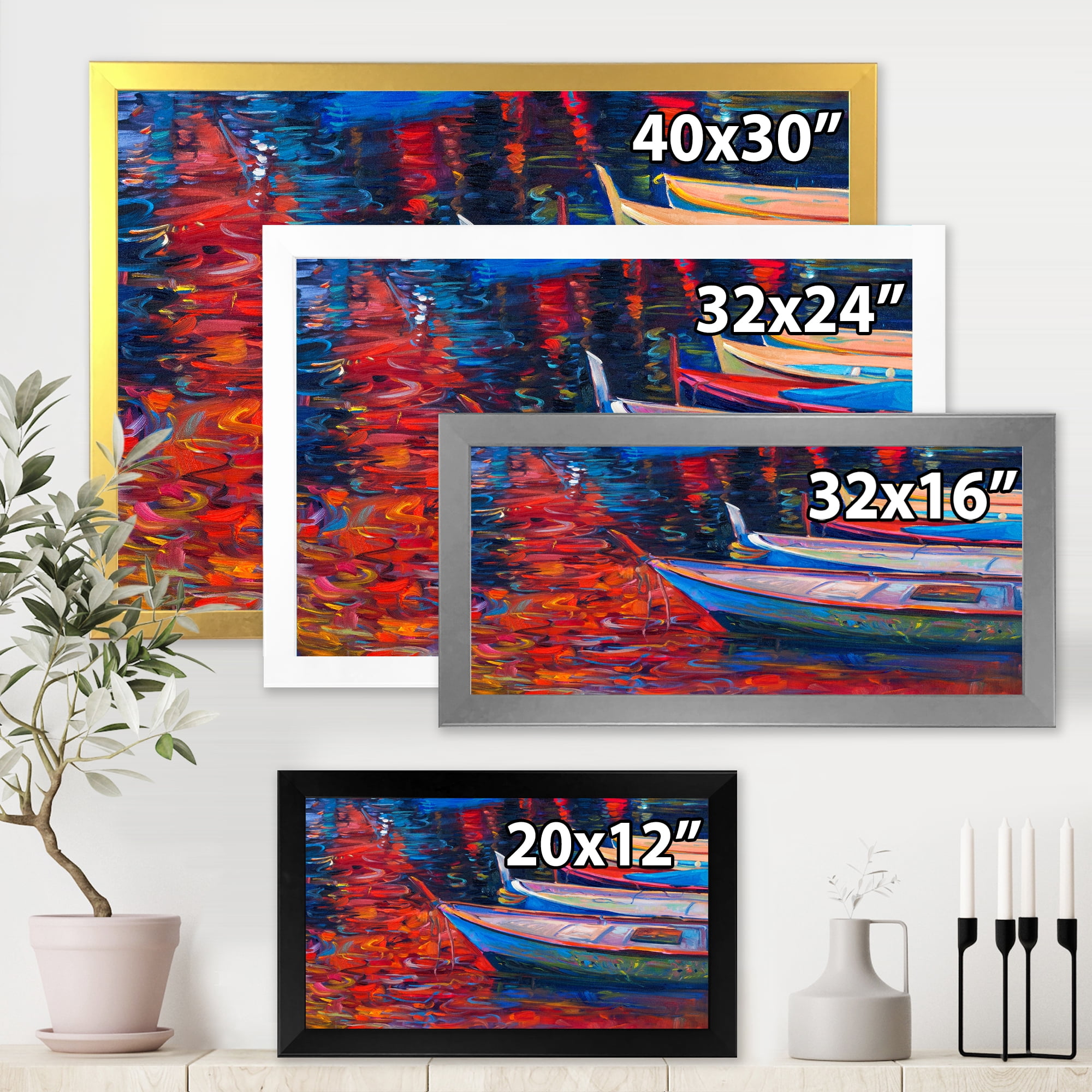 Designart 'Boats During Warm Sunset Resting On The Water IX' Nautical & Coastal Framed Art Print