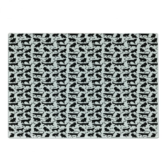 Cat Cutting Board, Black Silhouettes in Different Positions Friendly Furry Feline Domestic Pet, Decorative Tempered Glass Cutting and Serving Board, Small Size, Black White, by Ambesonne