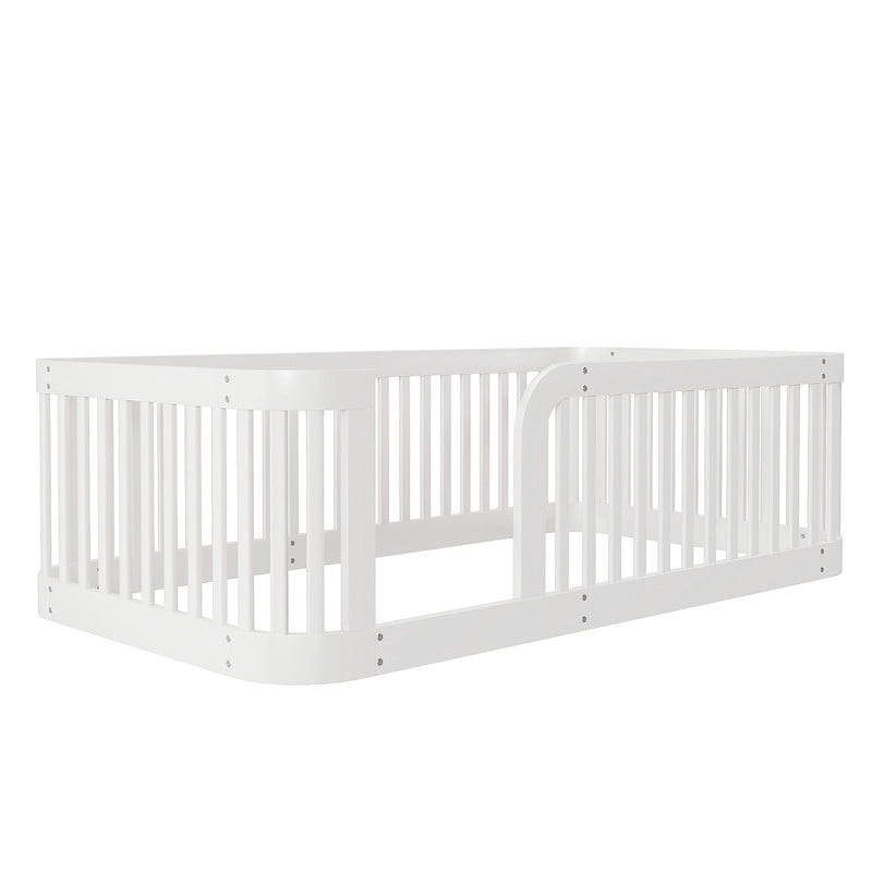 Duxelifin Twin Size Floor Bed with High Rails for Kids, Solid Wood Floor Bed Montessori Frame, No-Slat Design, Modern Toddler Floor Bed for Boys Girls (White)