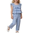 thumbnail image 2 of Amidoa Girls 2 Piece Outfits Summer Clothes Ruffle Sleeve Solid Color Tank Top Cute Sleeveless T-Shirt and Shorts Casual Kids Clothing Sets,Blue Size 6, 2 of 7