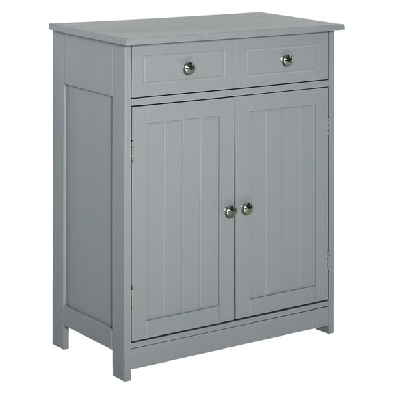 Bathroom Floor Cabinet, Kleankin Wooden Storage Organizer with 2 Doors & Drawers, Freestanding Bathroom Cabinet with Adjustable Shelf, Grey Finish