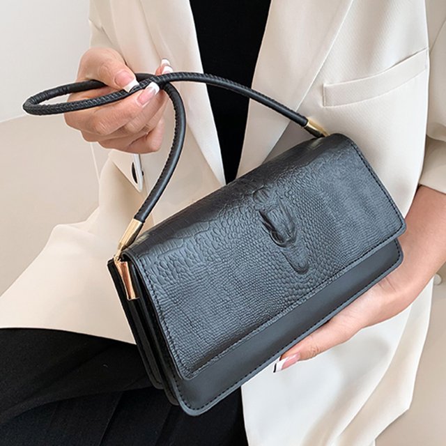 Bolso de mano para mujer con diseño de cocodrilo, Bolso de hombro de cuero PU, elegante embrague (negro)