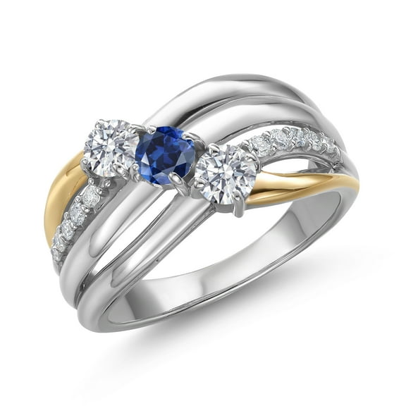 Gem Stone King 925 Silver and 10K Yellow Gold Lab Grown Diamond and Blue Created Sapphire and Lab Grown Diamond Engagement Ring for Women | 0.94 Cttw | Round 4MM | April Birthstone | Size 8
