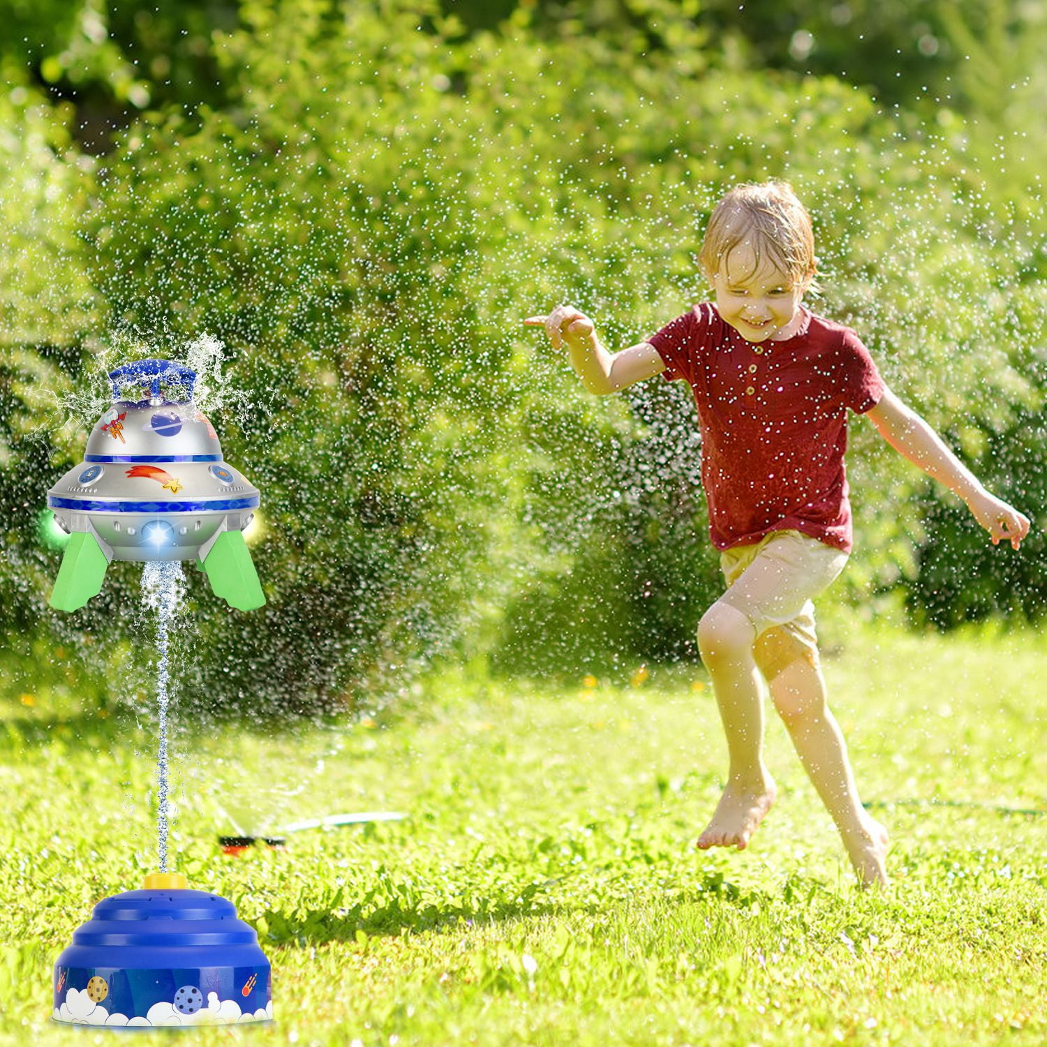 Sprinkler for Kids 3-12 Years Old Rocket Water Sprinkler with Colorful LED Lights 360° Spinning 1.64-6.56ft Adjustable Height Gift for Girls Boys Blue