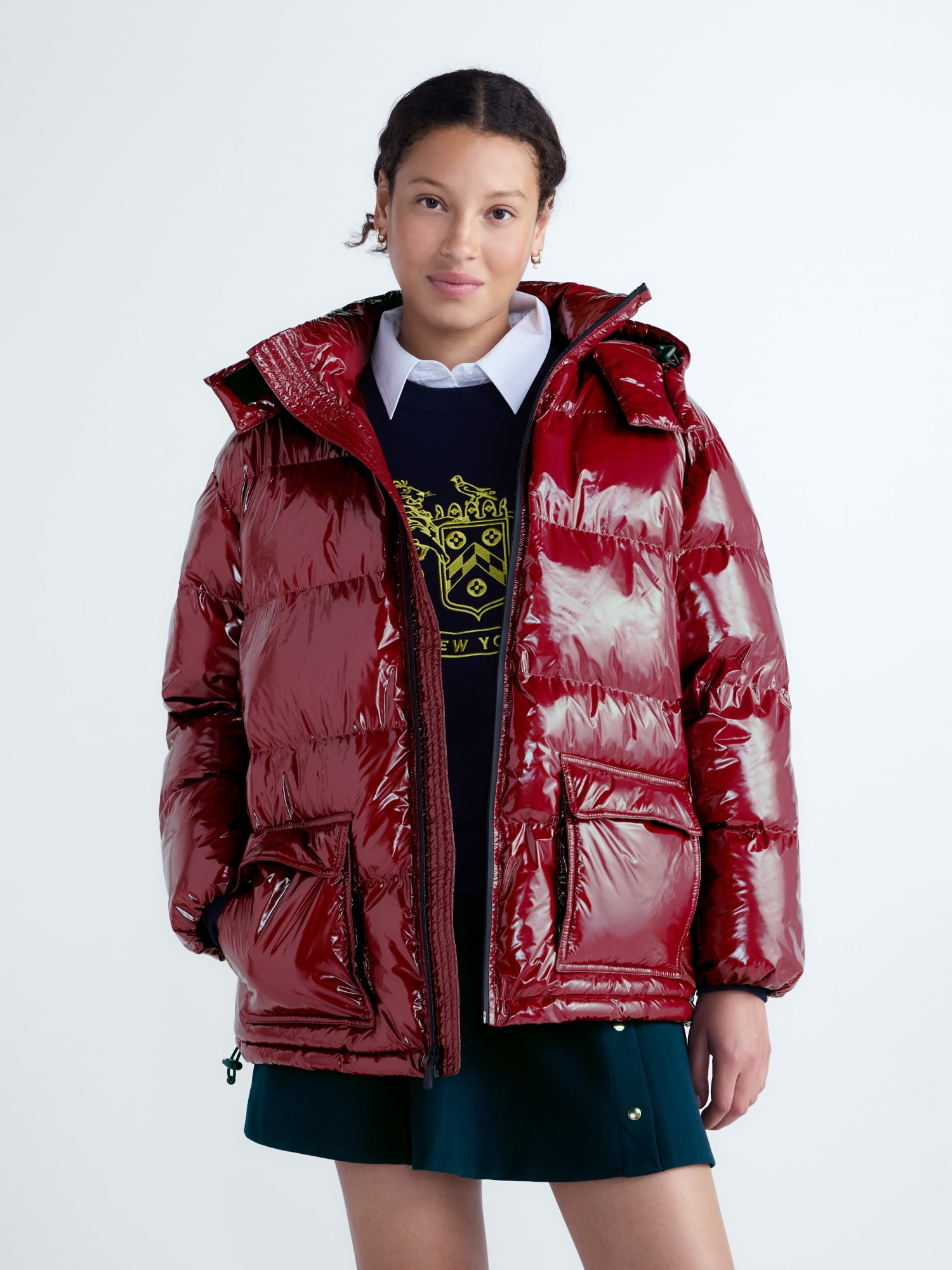Free Assembly Women's High Gloss Puffer Parka Jacket with Hood, Sizes XXS-XXL