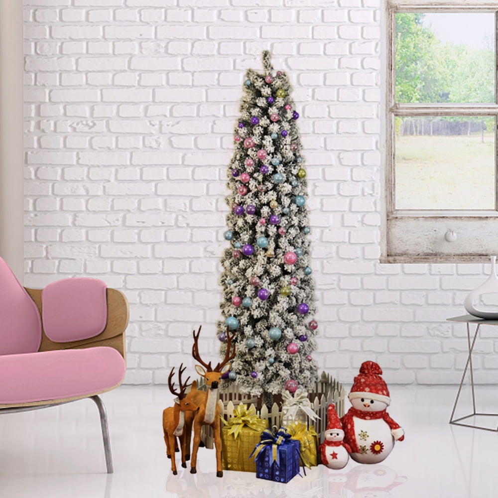 Winado 7.5 ft Slim Pencil Christmas Tree Flocked Decoration Unlit