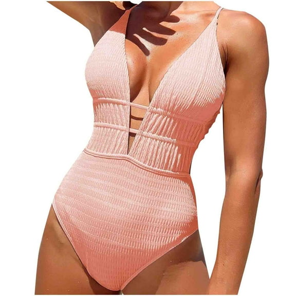 YUTK One Piece Swimsuit Women - Women Solid Color Sexy Backless Strap Bikini Swimsuit - Pink M