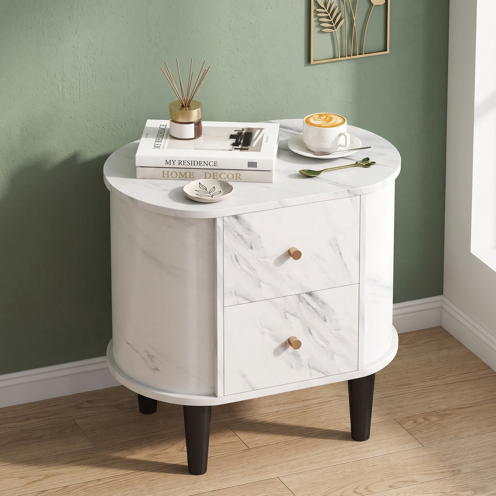 Furnibear 2 Drawer Nightstand Modern Faux Marble Bedside Table with Storage for Bedside Organization in the Bedroom and Living Room, White