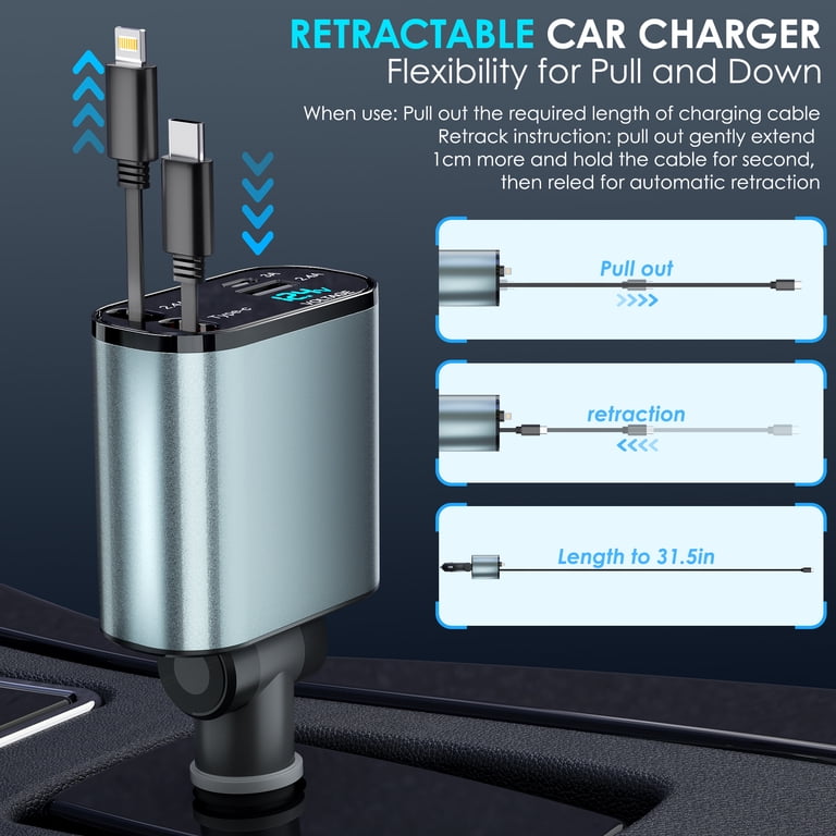 120W Retractable Car Charger – 4-in-1 Fast Charger With Type-C & Lightning Cables For IPhone & Android