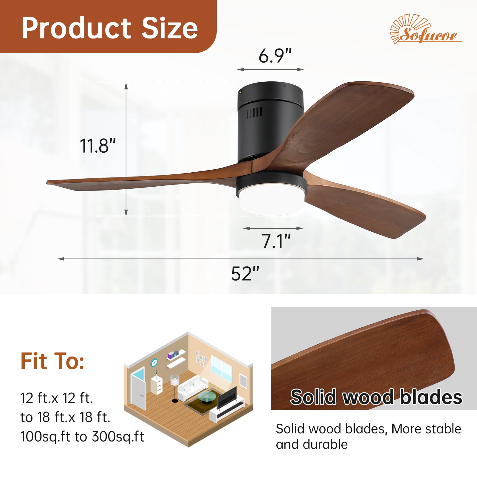 Sofucor 52'' Flush Mount Ceiling Fans with Light and Remote Control, 3 Wood Blades with Reverse Aio Reconditioned