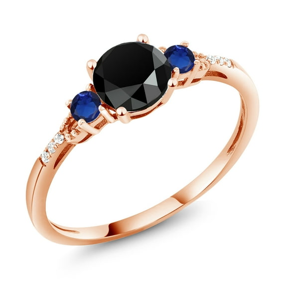 Gem Stone King 10K Rose Gold Black Onyx Blue Created Sapphire and White Diamond Accent 3-Stone Engagement Ring for Women (0.94 Cttw, Round 6MM, Gemstone December Birthstone, Size 5)