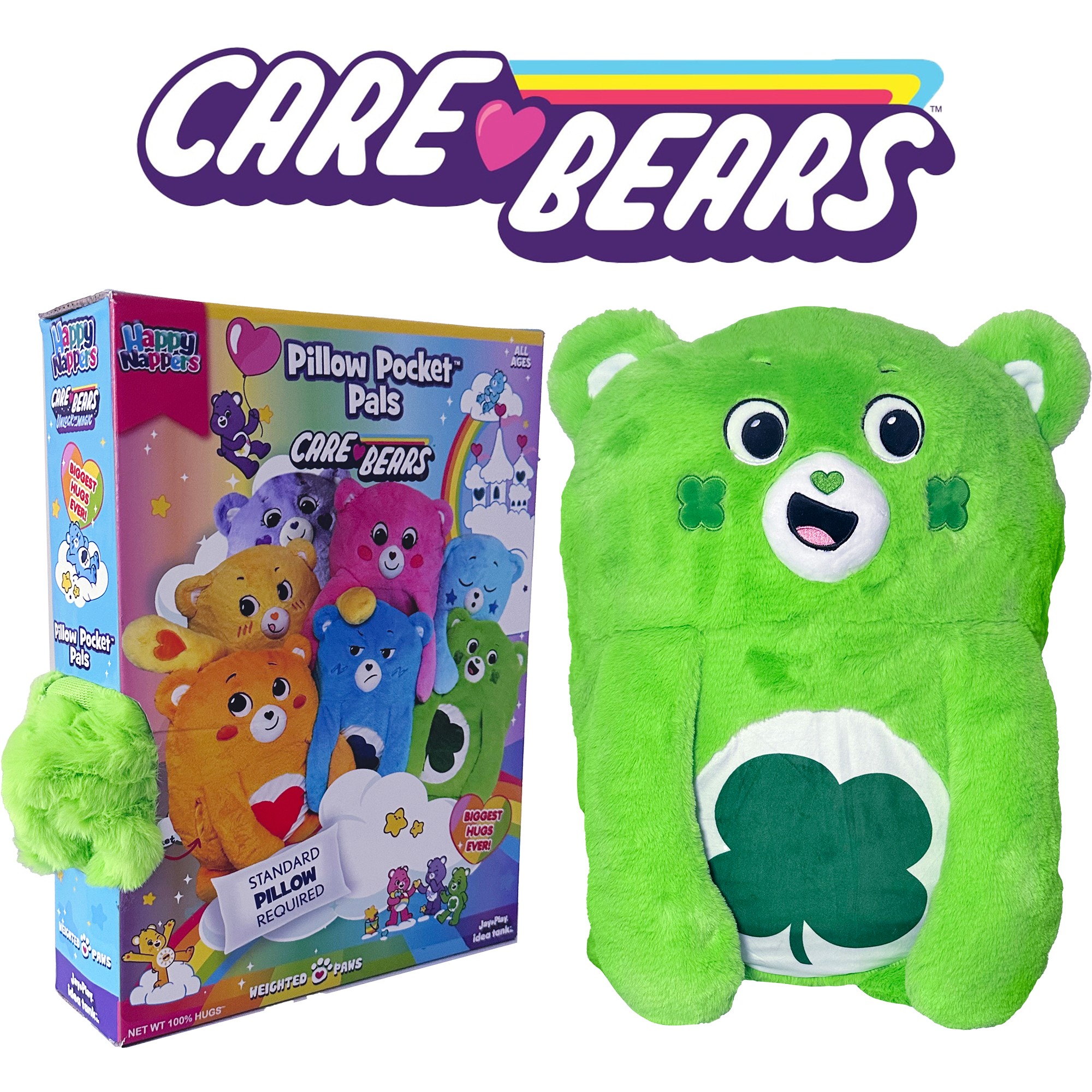 Happy Nappers: Care Bears Pillow Pocket Pal - Good Luck Bear - Plush Character Pillow Case, Animal Cover, Weighted Paws, Soft Huggable Companion, Kids