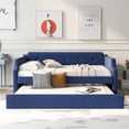 thumbnail image 2 of Seizeen Upholstered Daybed with Trundle, Twin Size Sofa Bed with Wooden Slats Support, Platform Sofa Bed and Trundle Bed Frame Set, Space Saving Living Room Furniture, No Box Spring Needed, Blue, 2 of 10