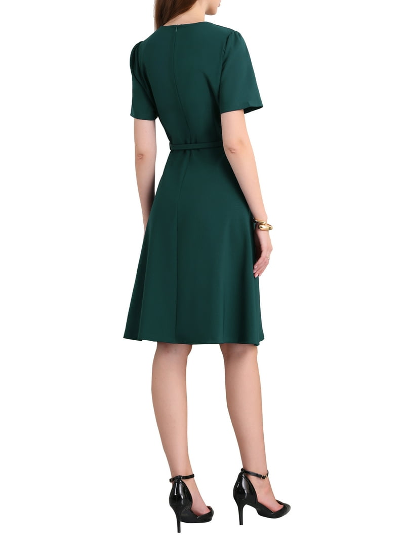 Inspire Chic Mother's Day Women's Cocktail A-Line Dress Choker V Neck Short Sleeve Belted Elegant Flare Dresses L Blue Green, Size: Large